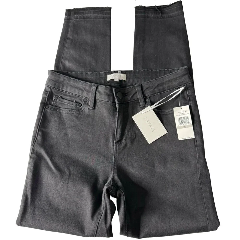 1.STATE Frayed Released Hem Skinny Black Jeans Womens Size 27 Super Wash Denim - Picture 5 of 12